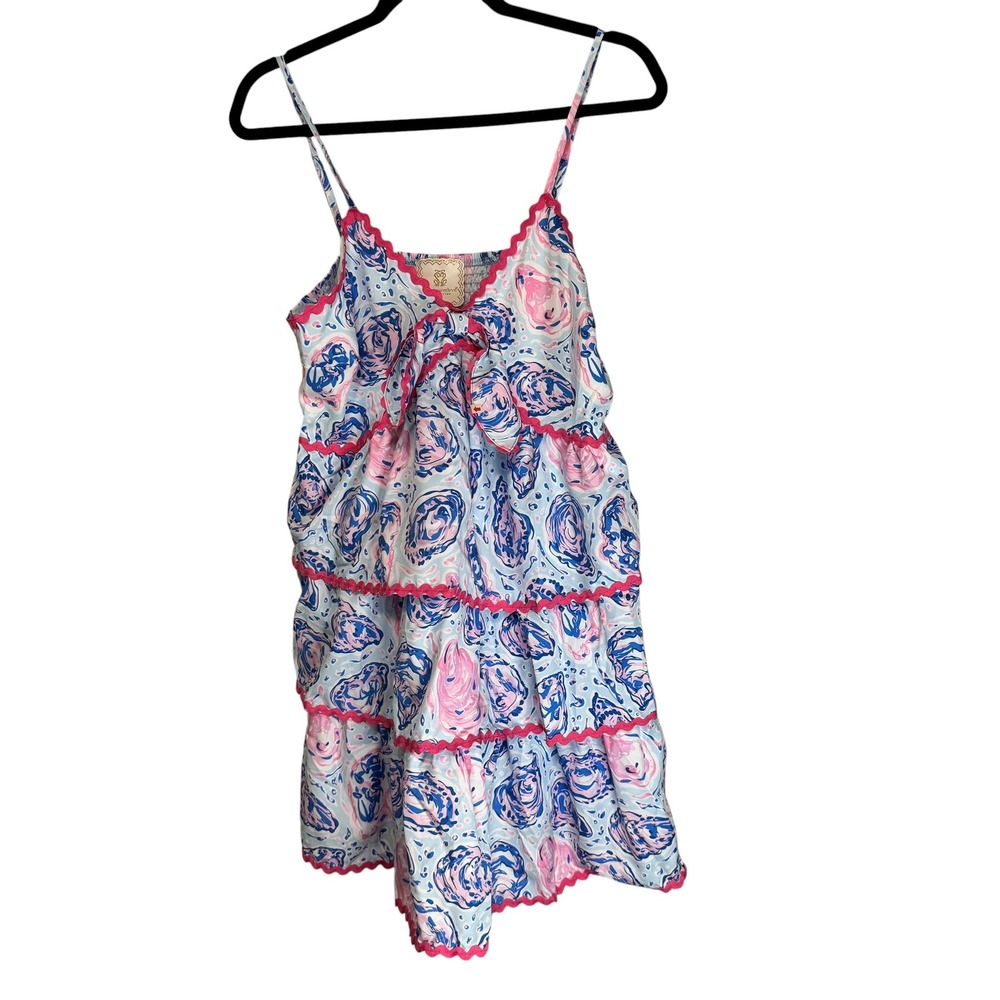 Simply Southern Oyster Tiered Mini Dress Blue Pink Ric-Rac Trim Large NEW - Picture 2 of 9